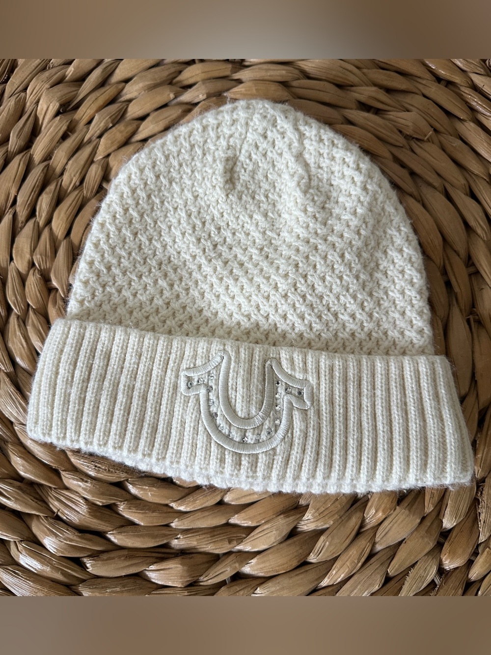 True Religion Cream Knit Kids Beanie with Embroidered Logo